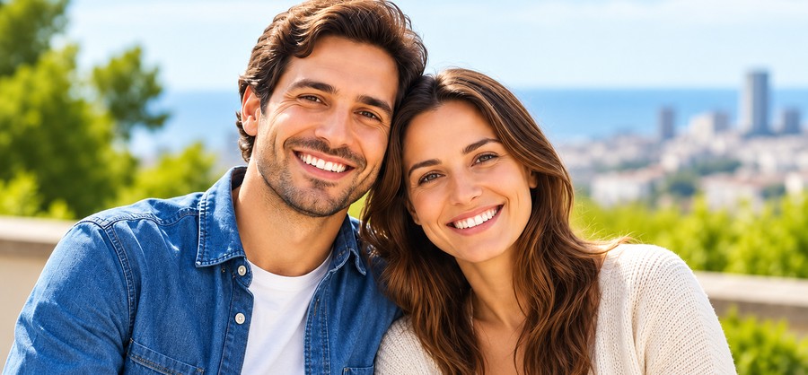 Pareja joven sonriendo, imagen representativa de planificación y protección familiar