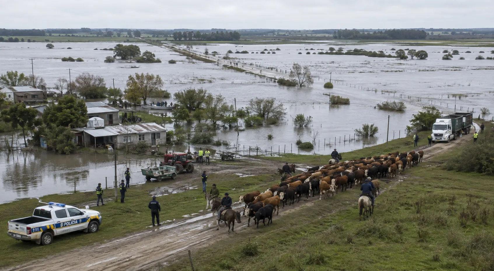 Inundaciones avanzan en varios departamentos de Uruguay: evacuados, rutas afectadas y miles de animales trasladados